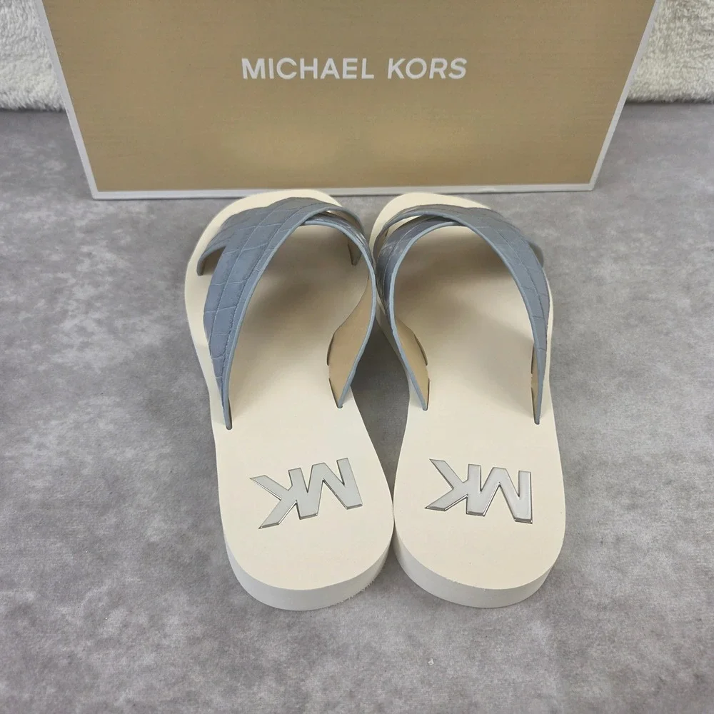Michael Kors Glenda Sandals Pale Blue Croc Embossed Slide 40S2GLFP1E Mens 6.5 M